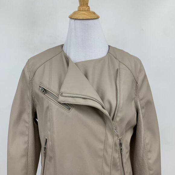 Blank NYC Jacket Women Small Coffee Faux Leather Denim Record Breaker Collarless - Picture 3 of 13